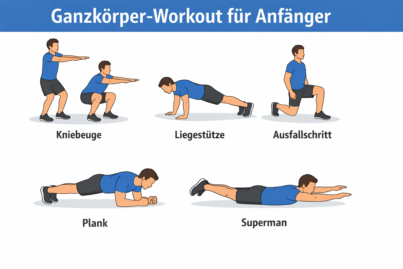 Ganzkörper-Workout für Anfänger mit Kniebeugen, Liegestütze, Ausfallschritten, Plank und Superman 