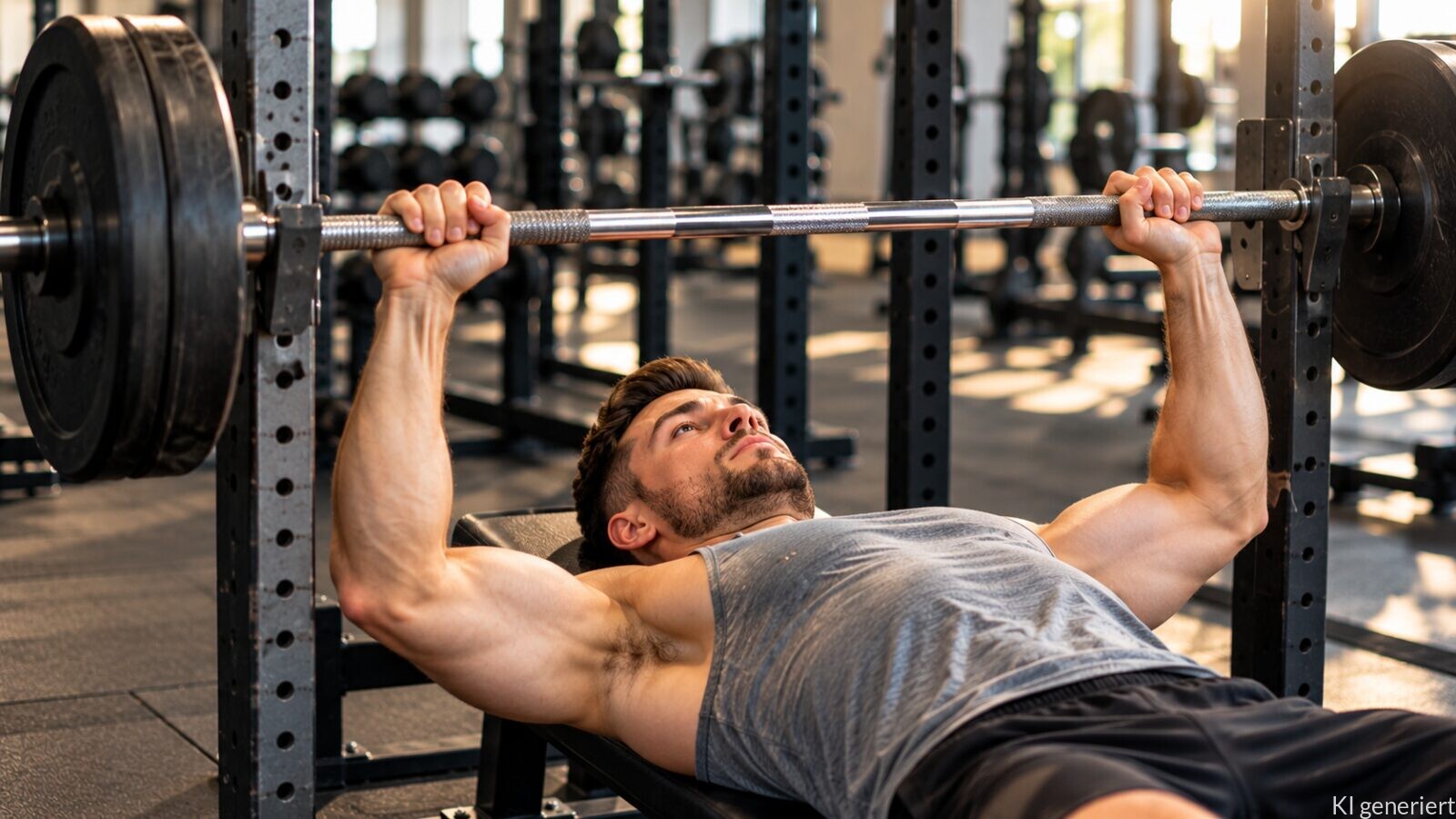 Sportler beim Bankdrücken mit Langhantel im Fitnessstudio