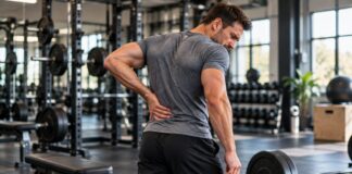 Rückenschmerzen nach dem Krafttraining: Ursachen und was wirklich hilft Sportler hält sich nach dem Krafttraining im Fitnessstudio den unteren Rücken