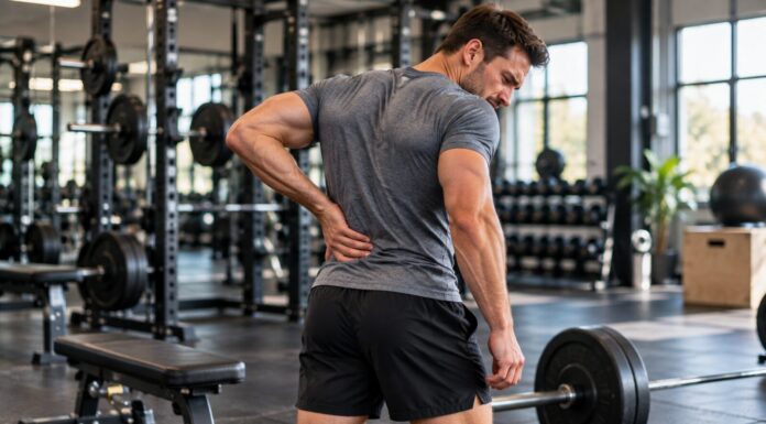 Rückenschmerzen nach dem Krafttraining: Ursachen und was wirklich hilft Sportler hält sich nach dem Krafttraining im Fitnessstudio den unteren Rücken