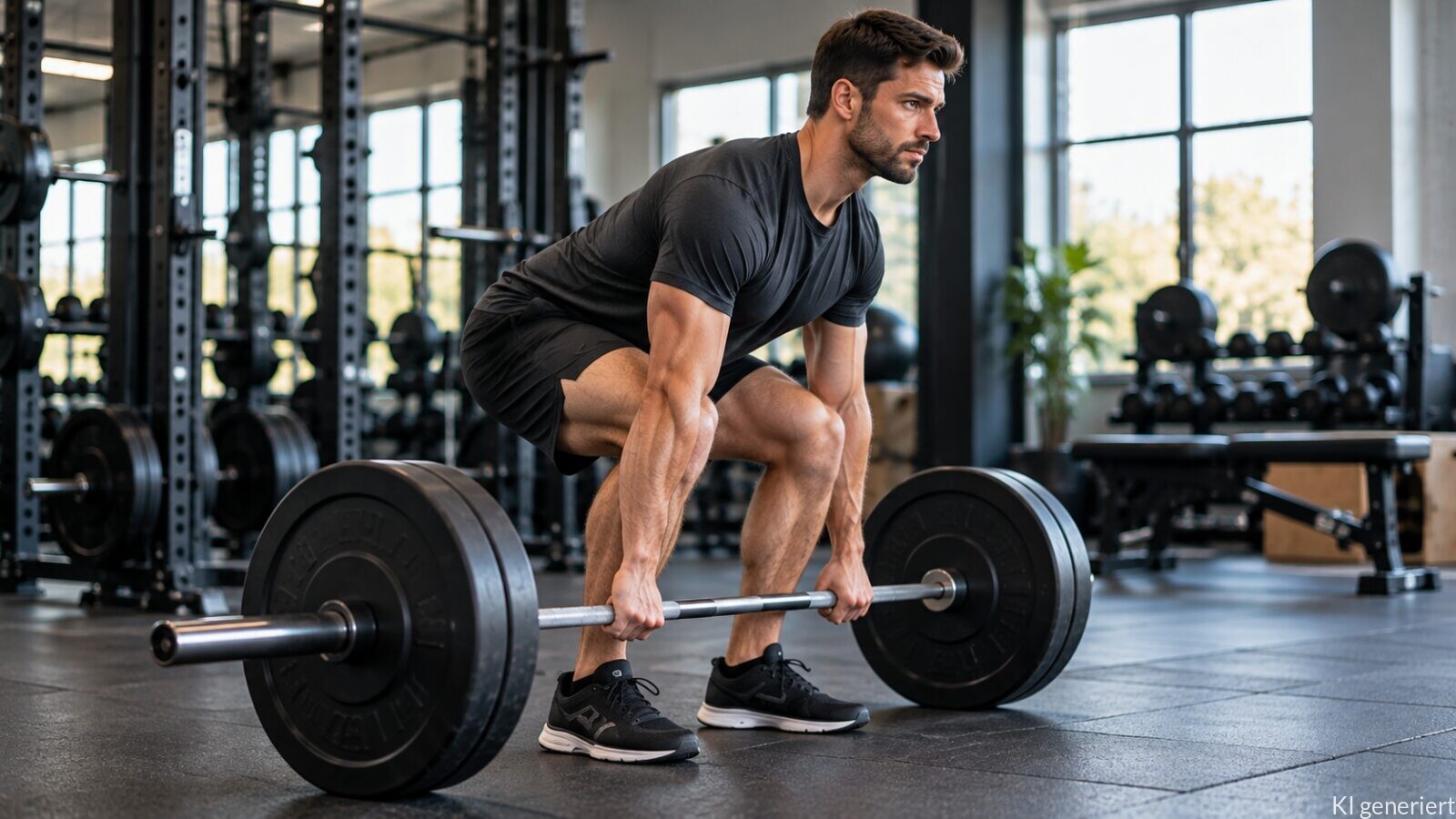Sportler führt Kreuzheben mit einer Langhantel im Fitnessstudio aus