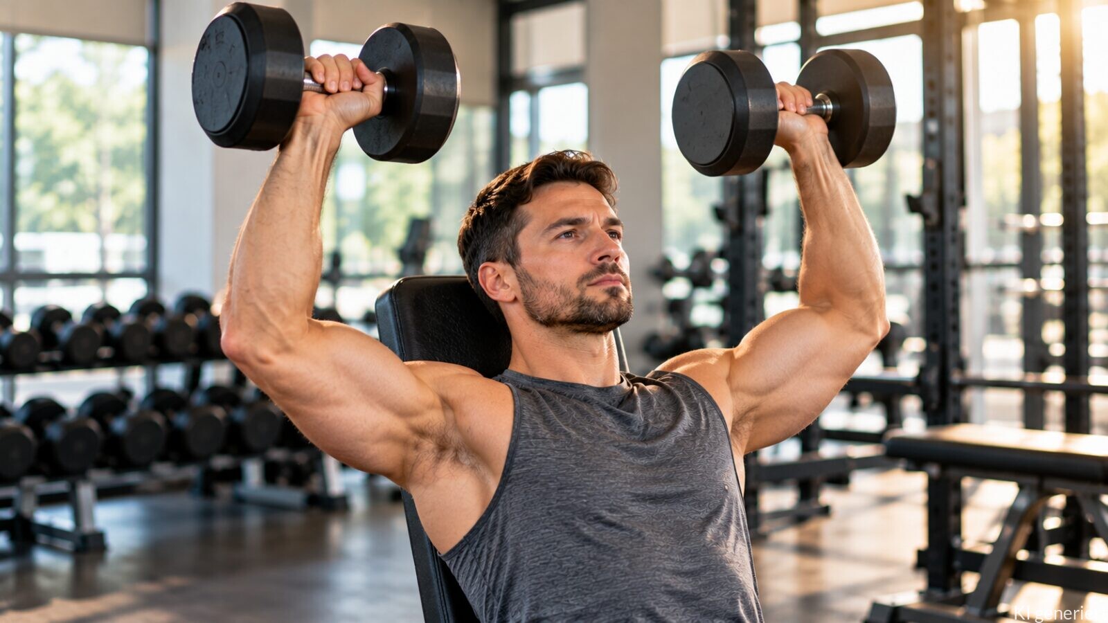 Sportler führt sitzendes Schulterdrücken mit zwei Kurzhanteln im Fitnessstudio aus