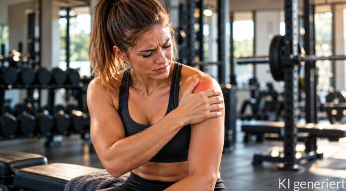 Schulterschmerzen beim Training: Ursachen und was wirklich hilft Sportlerin hält sich nach dem Krafttraining die schmerzende Schulter im Fitnessstudio