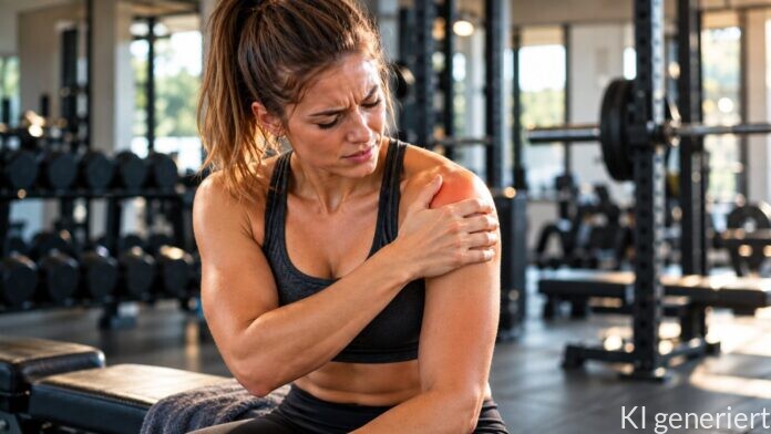 Schulterschmerzen beim Training – Titelbild Sportlerin hält sich nach dem Krafttraining die schmerzende Schulter im Fitnessstudio
